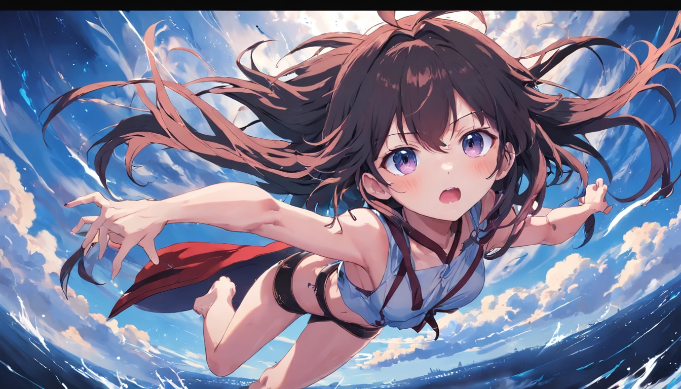 alta qualidade, piece of master, dim sky, nuvem, chuva, 1girl, cabelos longos carmesim, floating into the sky, sharp eyes, 8k, hentai, coxas pretas, Sem camisa, peito nu, Rosa