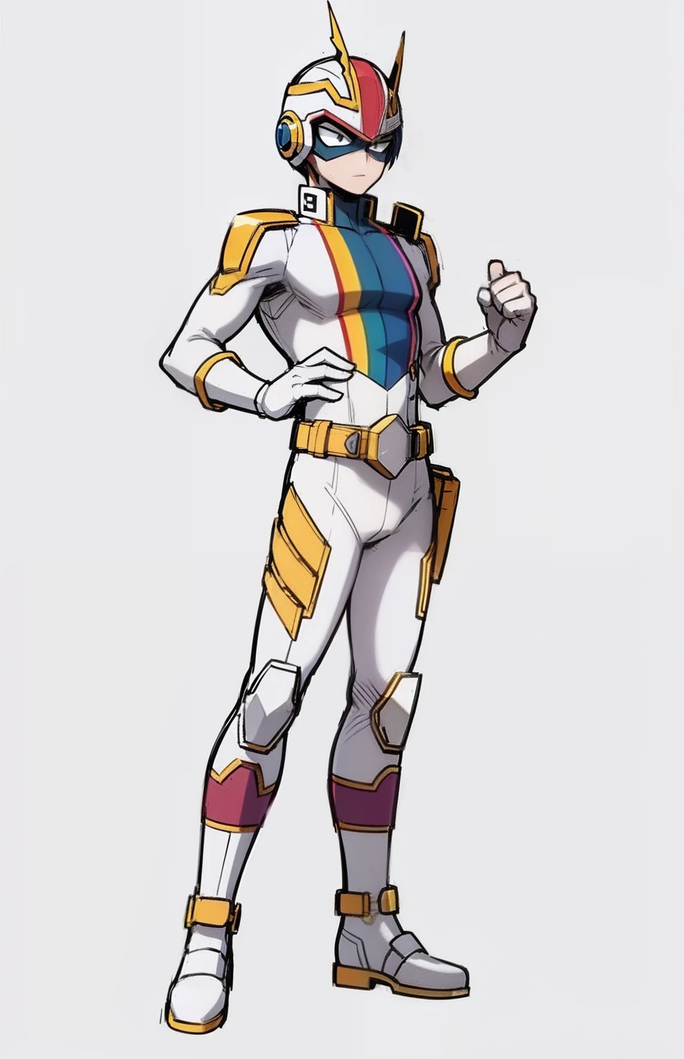My Hero Academia style, anime boy, male, young male, trending on artstation pixiv, (full body shot:0.5), head covering, helmet, face covering, mask, rainbow helmet, metallic mask, hero costume, full body suit, white suit with rainbow lines, perfect hands, Perfect anatomy, Super Detailed, rainbow aura, glowing aura, glowing rainbow aura, aura around,