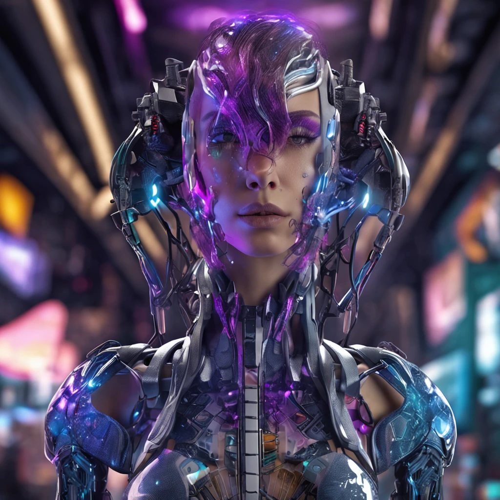 Full body image of an android girl, violet hair with bob cut, neck and upper torso with robotic parts, vibrant details, luxurious cyberpunk, anatomical facial muscles, cyborg, elegant, electric metallic lace. Dressed with leather and satin. Ice Bar on the background. Highly detailed.
