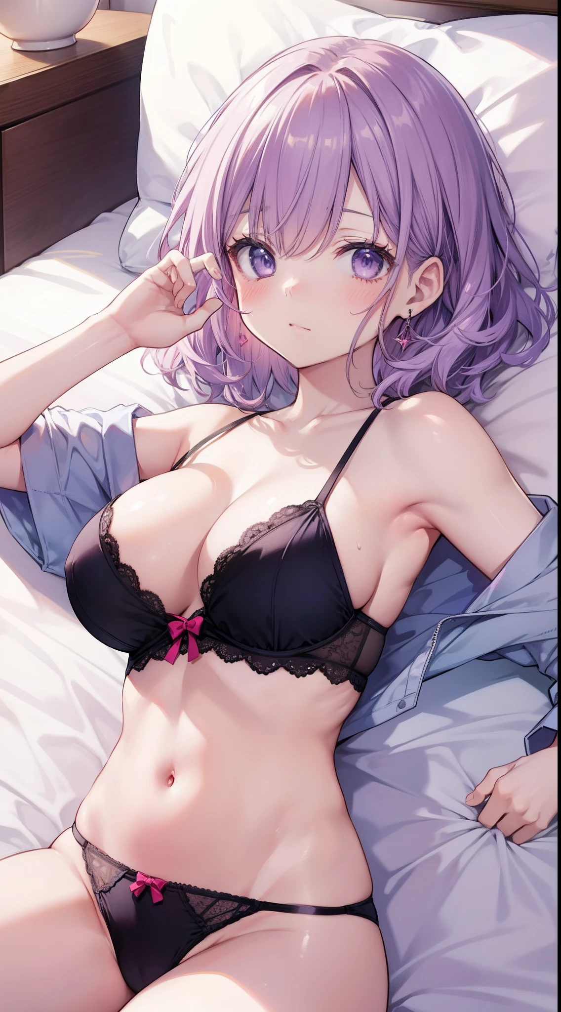 masutepiece、hight resolution、1girl in、in one's underwear only、Purple lingerie、large full breasts、Lying on your back in bed、Cute anime illustration、