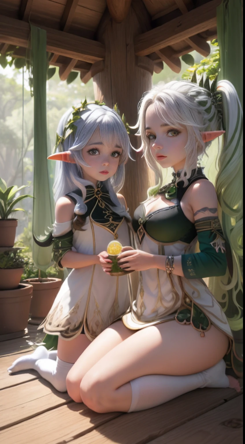 (((2 garotas))), ((23 anos, 12 anos)), Terra_Spirit, melting_Heart, luz de fundo, luz solar, ((female elves living in a treehouse)), corpo inteiro, magras, Lovely, conversando, arboreal vine, vinhedo, totem, tatuagem, , obra-prima, 8k, , ((melhor qualidade)), ((obra-prima)), (realidade) --v6