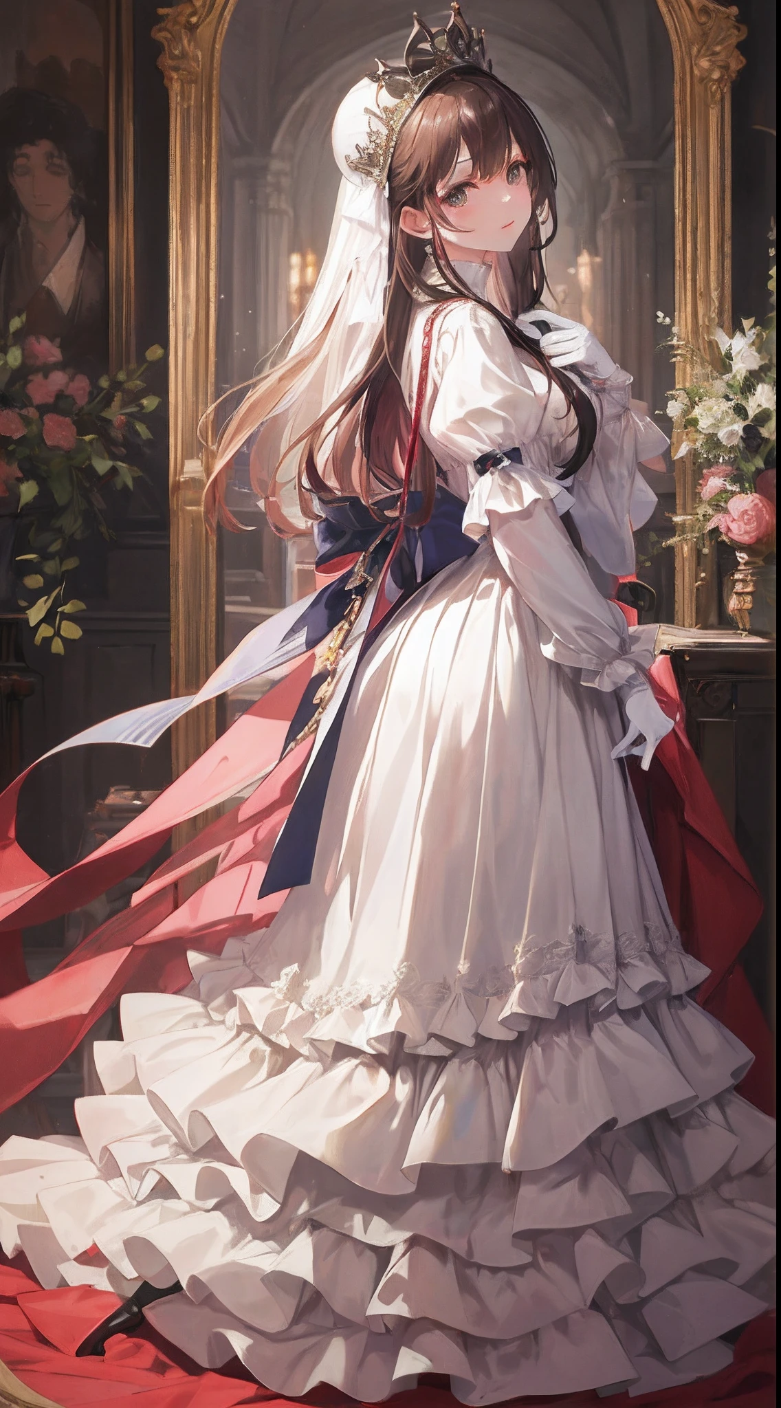 ​masterpiece、An ultra-high picture quality、hiquality、Big magic stick、long-sleeve、Long length dresses、Ankle-length skirt length、Socks with ankle-length ruffles、White dress with high neck with excess frills、Cute shape dress、absurderes、Smooth hair、Close up portrait of teenage princess with white gloves、The King's Audience Room、Luxurious chairs、Red Jutan、Lavishly decorated walls、Gorgeous light、back lighting、Blur the background