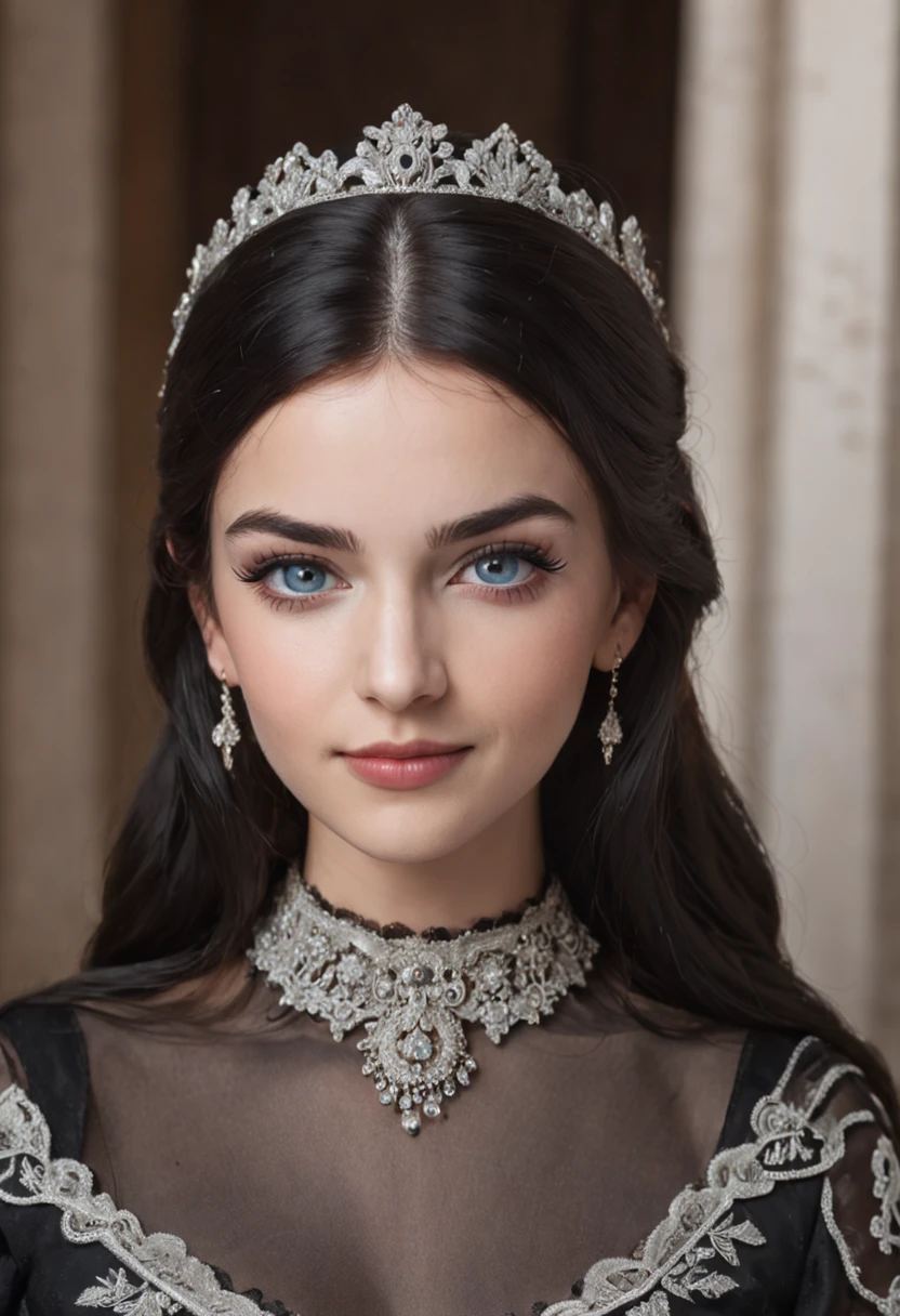 cinematic close-up photo of Syrian girl with black hair, very large blue eyes, long eyelashes, smiling wearing black prom outfit decorated with white patterns