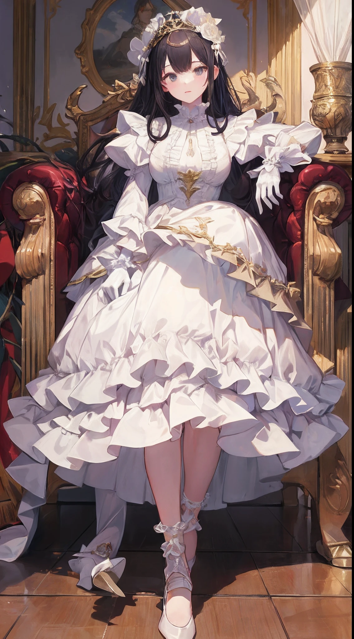 masterpiece、An ultra-high picture quality、hiquality、Big magic stick、long-sleeve、Long length dresses、Ankle-length skirt length、Socks with ankle-length ruffles、White dress with high neck with excess frills、Cute shape dress、absurderes、Smooth hair、Close up portrait of age princess with white gloves、The King's Audience Room、Luxurious chairs、Red Jutan、Lavishly decorated walls、Gorgeous light、back lighting、Blur the background