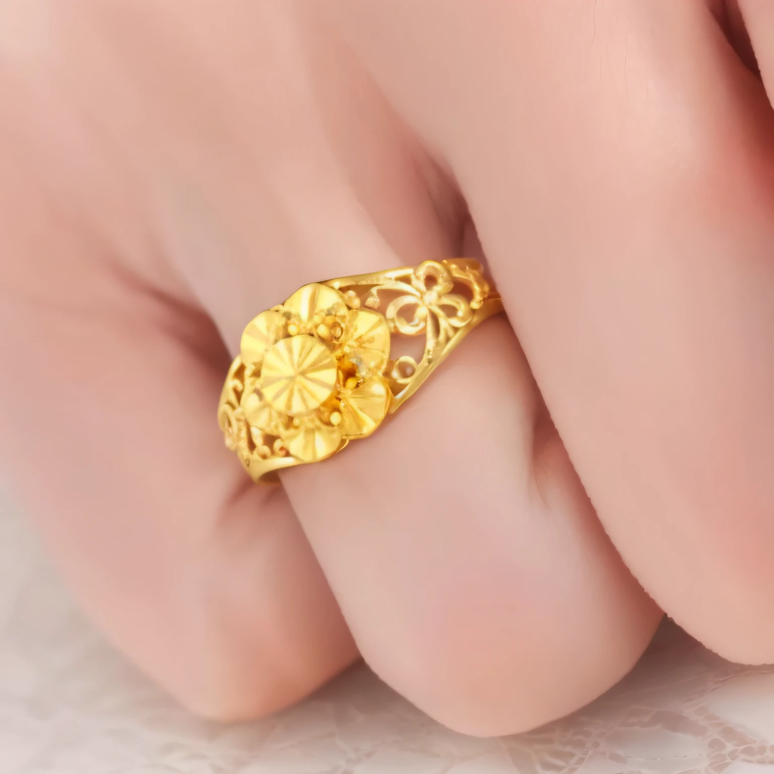 Close up of a man's hand with a gold ring, ring, golden rings, golden jewelery, Gold jewelry, golden jewelery, golden jewelery, golden jewelery, gilded with gold, point finger with ring on it, golden jewelery, 9K, 9 k, gold jewerly, The ring is horizontal, Elden ring style, Very nice Enga style