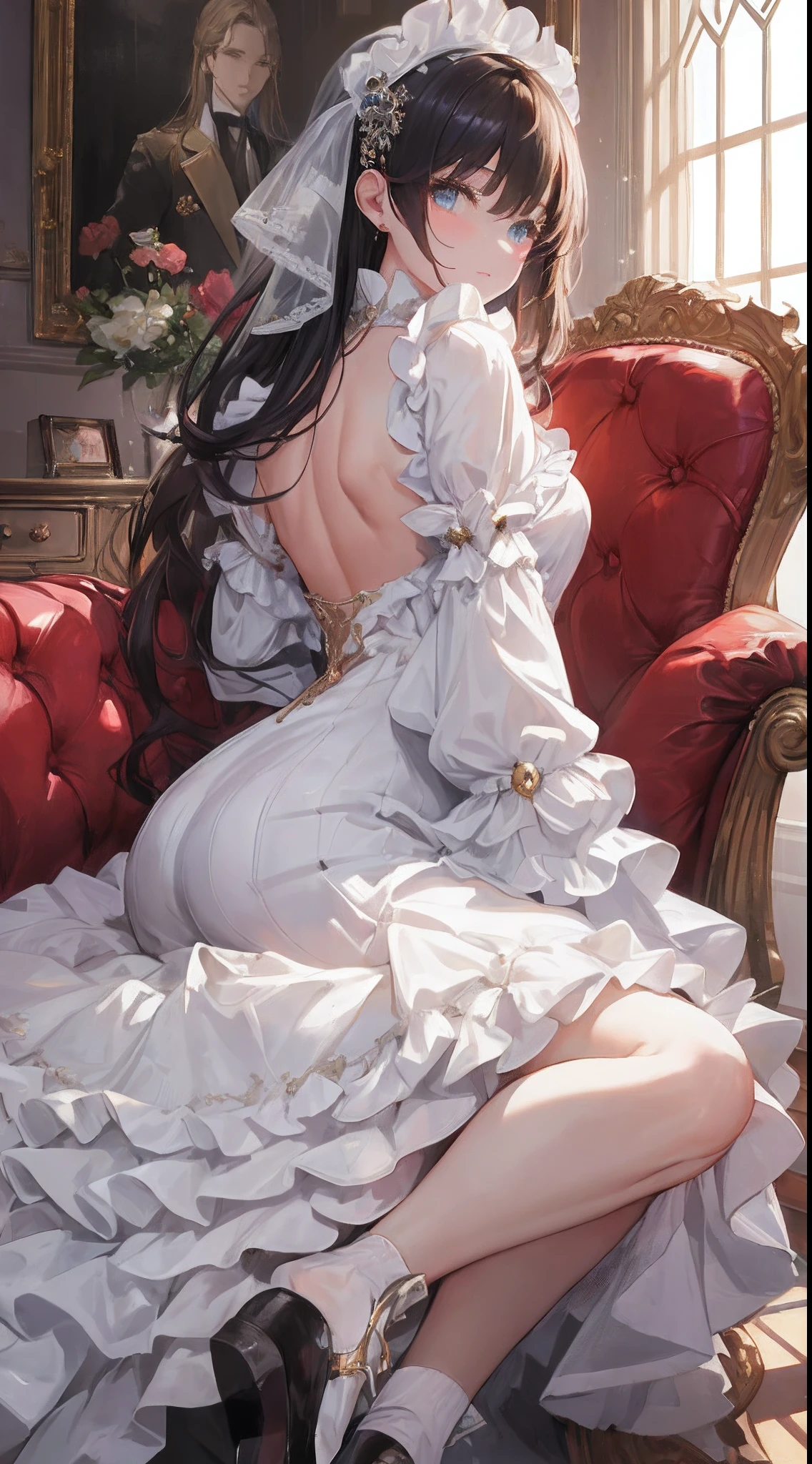 masterpiece、An ultra-high picture quality、hiquality、Big magic stick、long-sleeve、Long length dresses、Ankle-length skirt length、Socks with ankle-length ruffles、White dress with high neck with excess frills、Cute shape dress、absurderes、Smooth hair、Close up portrait of teenage princess with white gloves、The King's Audience Room、Luxurious chairs、Red Jutan、Lavishly decorated walls、Gorgeous light、back lighting、Blur the background
