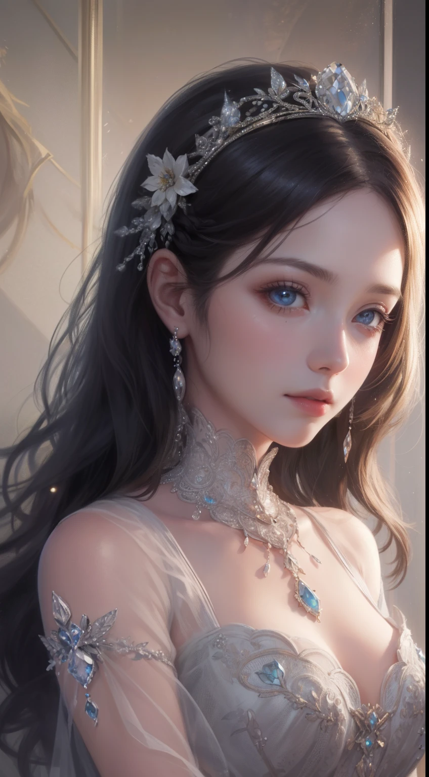 tmasterpiece，Highest high resolution，Bust of a beautiful noble maiden，Delicate braided hair，Coiled hair，Shining clear eyes，The hair is covered with beautiful and delicate floral craftsmanship, crystal、Diamond jewelry filigree，Ultra-detailed details，upscaled，softlighting。