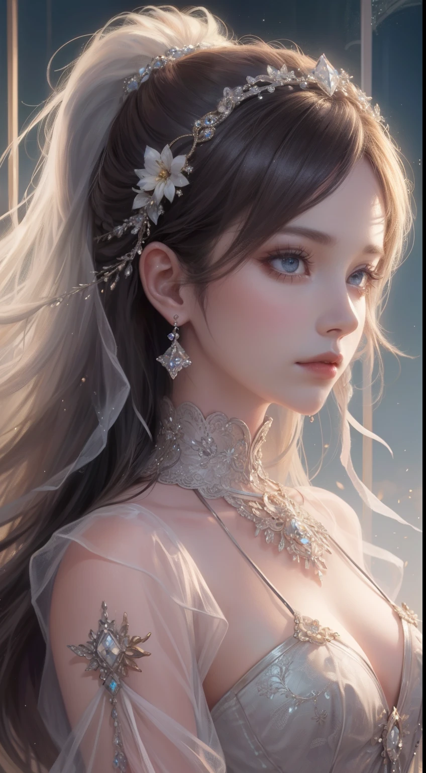 tmasterpiece，Highest high resolution，Bust of a beautiful noble maiden，Delicate braided hair，Coiled hair，Shining clear eyes，The hair is covered with beautiful and delicate floral craftsmanship, crystal、Diamond jewelry filigree，Ultra-detailed details，upscaled，softlighting。