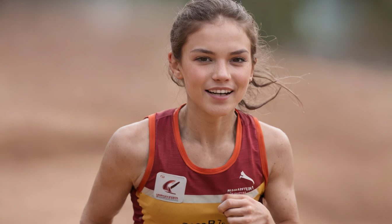 Gerar uma imagem realista: Young athlete in intense action during a sports competition. Show happy expression, Authentic costume with logos, dynamic scene with competitors, Espectadores, e atmosfera vibrante.
