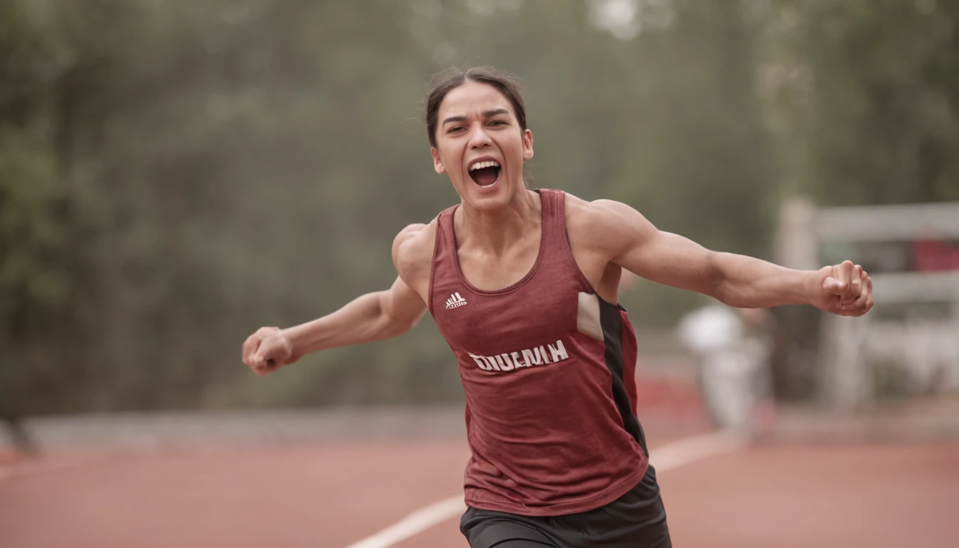 Gerar uma imagem realista: Young athlete in intense action during a sports competition. Show happy expression, Authentic costume with logos, dynamic scene with competitors, Espectadores, e atmosfera vibrante.