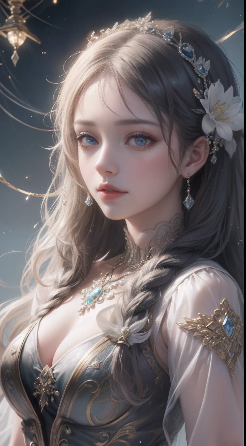 tmasterpiece,Highest high resolution,Bust of a beautiful noble maiden,Delicate braided hair,Coiled hair,Shining clear eyes,The hair is covered with beautiful and delicate floral craftsmanship, crystal、Diamond jewelry filigree,Ultra-detailed details,upscaled,softlighting。