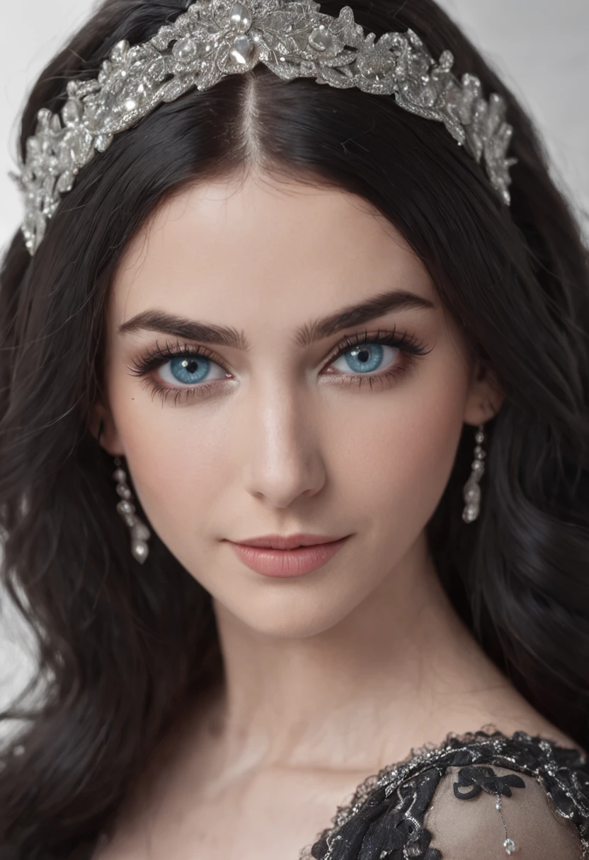 (cinematic close-up photo) smiling Syrian girl with (vibrant black hair) and stunningly (large blue eyes), (long eyelashes), wearing a (stylish black prom outfit adorned with delicate white patterns).