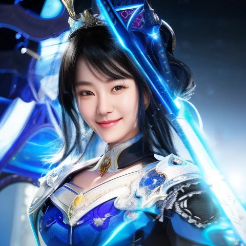 Smiling woman with black hair in blue dress holding sword