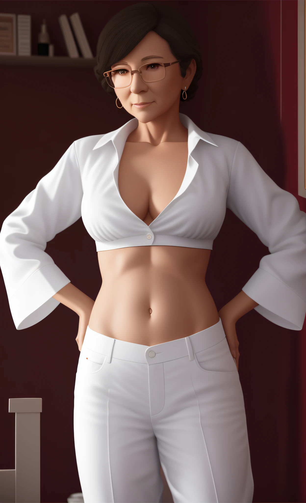 there is an elderly woman in a white shirt and white pants posing for a picture, hyperrealistic full figure, realistic shaded normal body, photorealistic body, fully clothed. painting of sexy, semi - realistic render, full body close-up shot, 3 d render of a full female body, her belly button is exposed, mid body portrait, smooth 3d cg render
