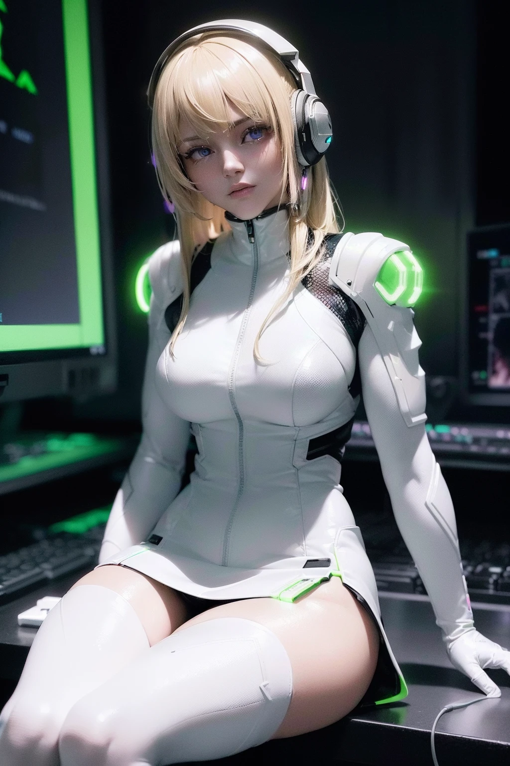 (((Cyberpunkcore aesthetic))) (((sitting and wearing an Air Jordan))) ((beauty slim shape)) perfect skin, hyperrealistic masterpiece, (((in extremely complex & superdetailed white plugsuit sci-fi armor))), cinematic illumination: 8k, symmetrical eyes, realistic, sharp focus, HD, highly detailed, intricate, photography, hyperrealism, hyperrealistic, film, studio portrait, detailed, dramatic lighting, maximum definition and sharpness, (((highly detailed external glowing lighting))), (((wearing cyberpunk neon headphone and short skirt))), (((blonde hair)))
