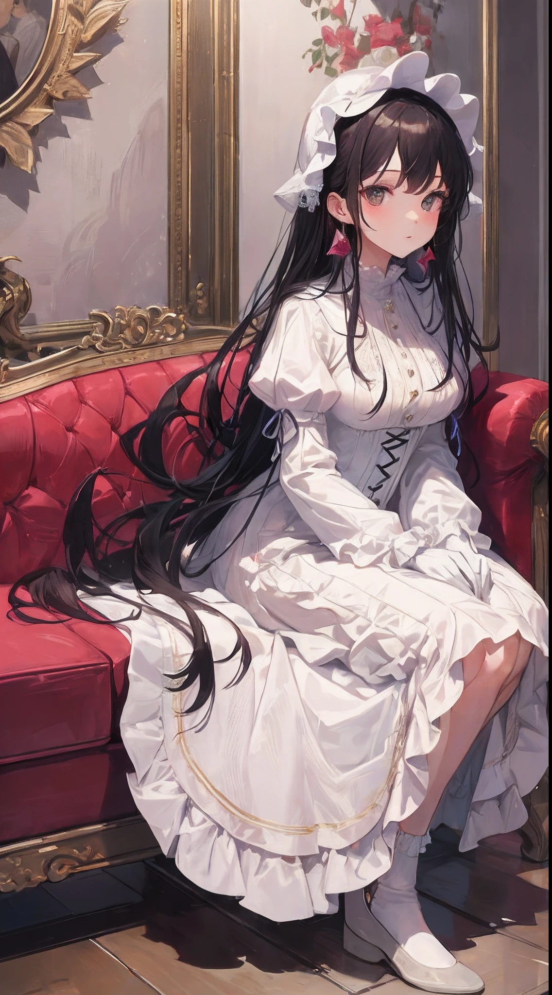 Big magic stick、long-sleeve、Long length dresses、Ankle-length skirt length、Socks with ankle-length ruffles、White dress with high neck with excess frills、Cute shape dress、absurderes、Smooth hair、Close up portrait of teenage princess with white gloves、The King's Audience Room、Luxurious chairs、Red Jutan、Lavishly decorated walls、Gorgeous light、back lighting、Blur the background