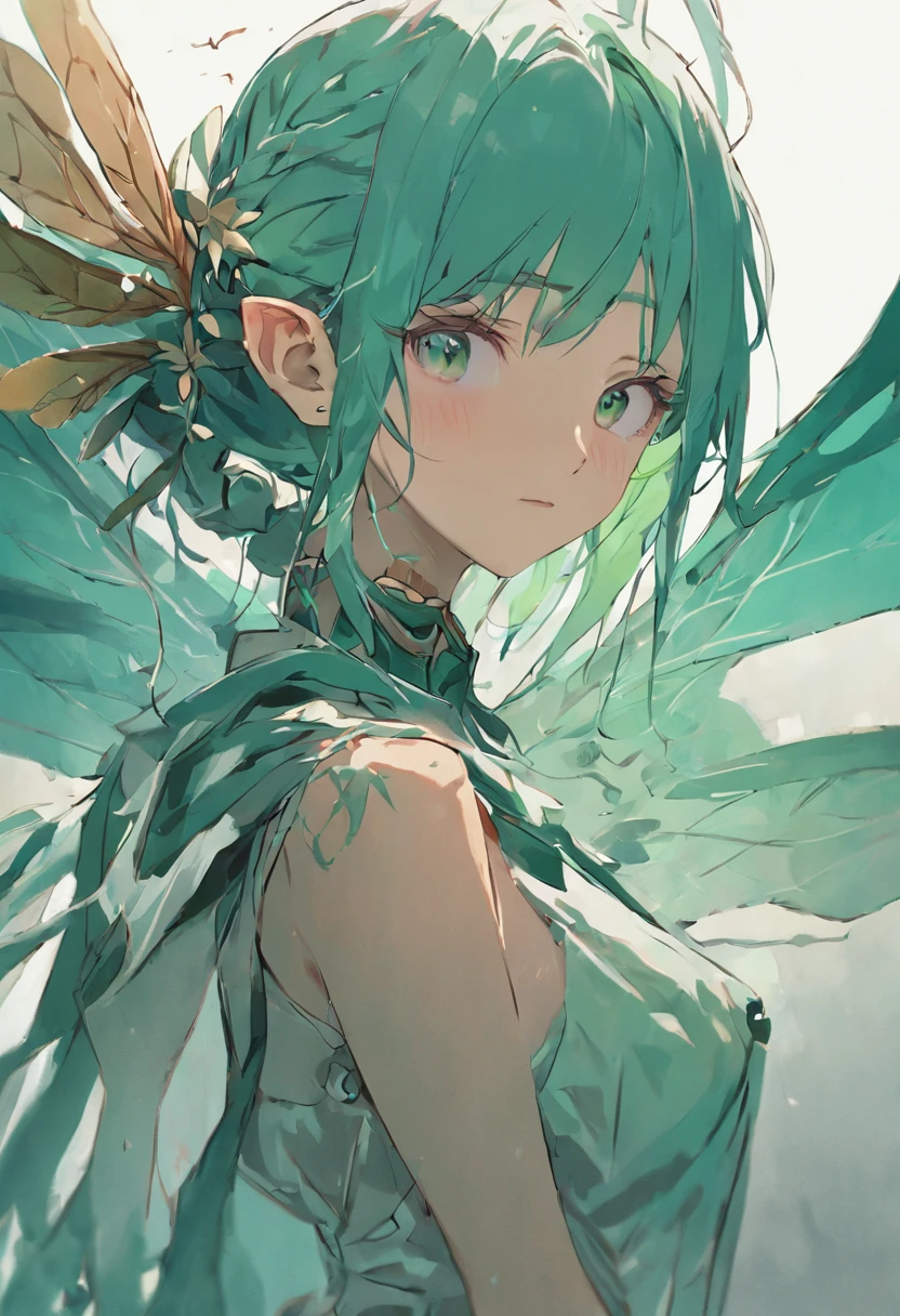 obra prima, melhor qualidade, anatomicamente correto, aspecto de capa de anime, (1 woman with wings facing the camera), (aquamarine green hair), dragonfly wings, (asas nas costas), orelhas pontudas, fada, graciosa, Medieval heroine, trajes de plantas