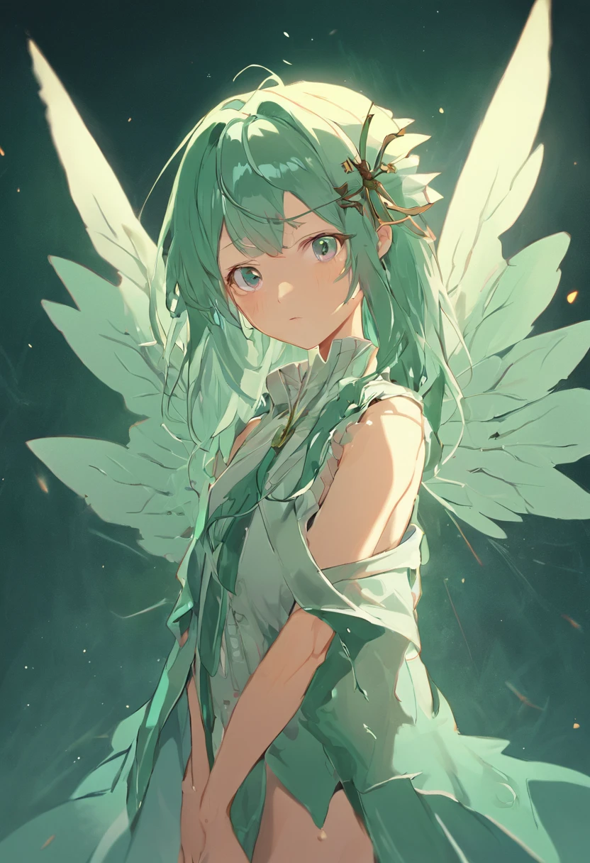 obra prima, melhor qualidade, anatomicamente correto, aspecto de capa de anime, (1 woman with wings facing the camera), (aquamarine green hair), dragonfly wings, (asas nas costas), orelhas pontudas, fada, graciosa, Medieval heroine, trajes de plantas