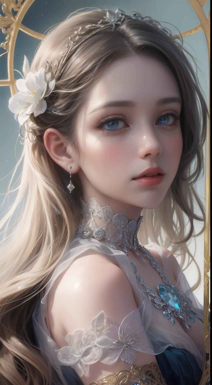 tmasterpiece,Highest high resolution,Bust of a beautiful noble maiden,Delicate braided hair,Coiled hair,Shining clear eyes,The hair is covered with beautiful and delicate floral craftsmanship, crystal、Diamond jewelry filigree,Ultra-detailed details,upscaled,softlighting。