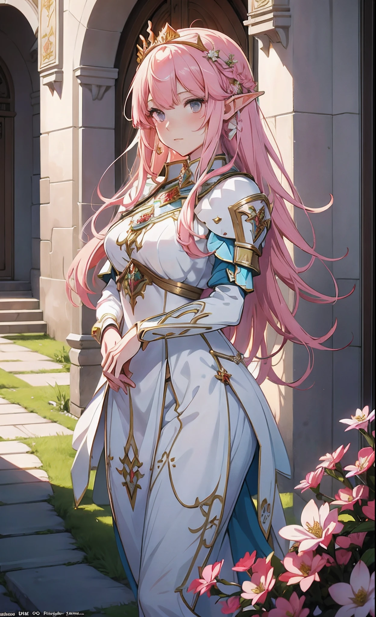 anime girl in white dress with pink hair and sword in front of flowers, cushart krenz key art feminine, portrait knights of zodiac girl, alluring elf princess knight, elf girl wearing an flower suit, anime goddess, astri lohne, marin kitagawa fanart, ((a beautiful fantasy empress)), flower goddess, goddess of nature, knights of zodiac girl