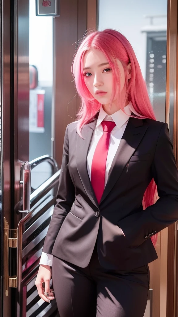 Sakura uchiha. A woman was in the elevator of a building. He looked in black pants and a black suit. With a white shirt and a red tie. His left hand looks like he put it in his pants. She has long, unlaced pink hair. He also had a white man like snow. With her rosy cheeks and her tiny pink lips. He seemed to be staring into the camera. Looking so pretty and realistic