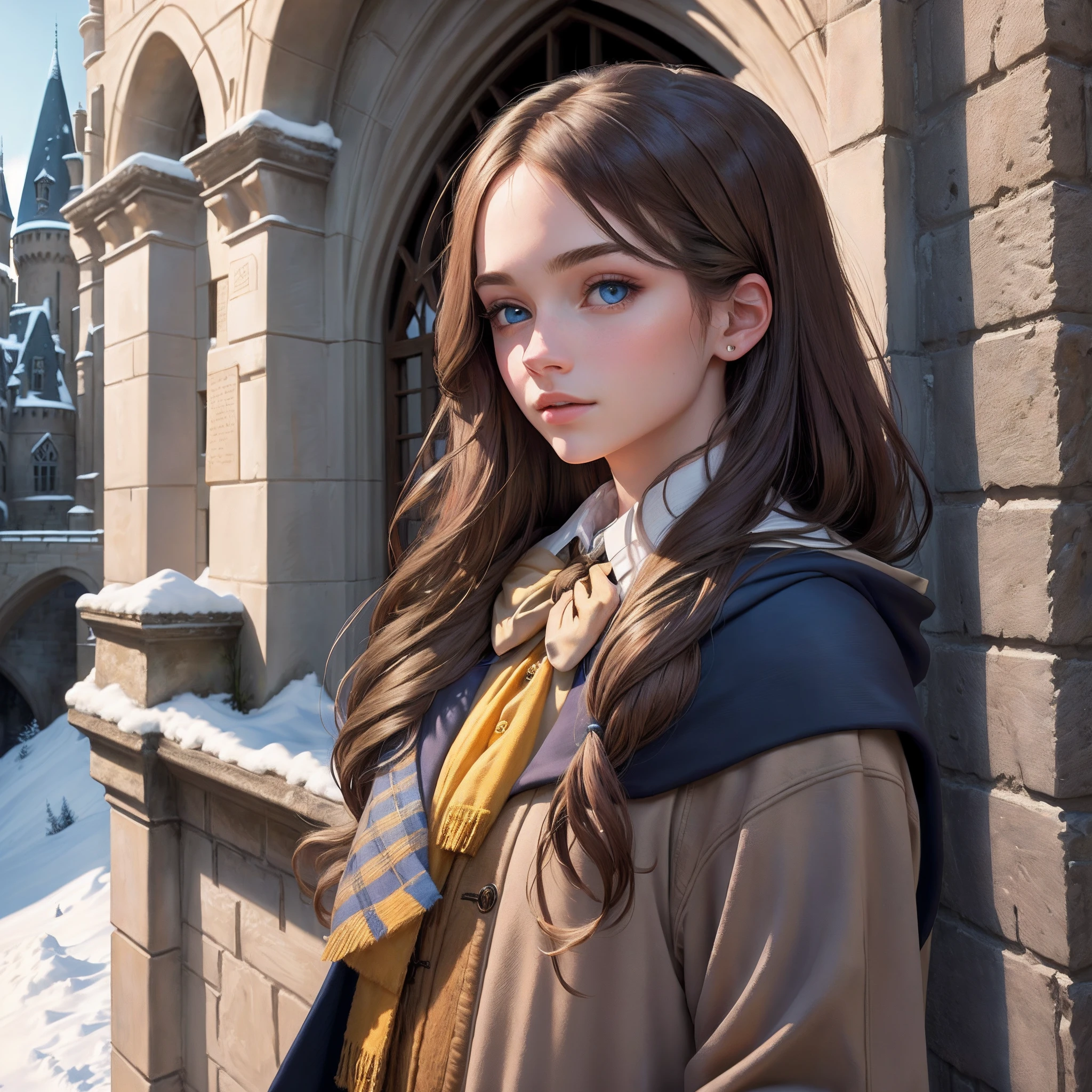 Best quality, masterpiece, Hogwarts student, hufflepuff, long light brown hair, outdoors, castle, winter, blue eyes