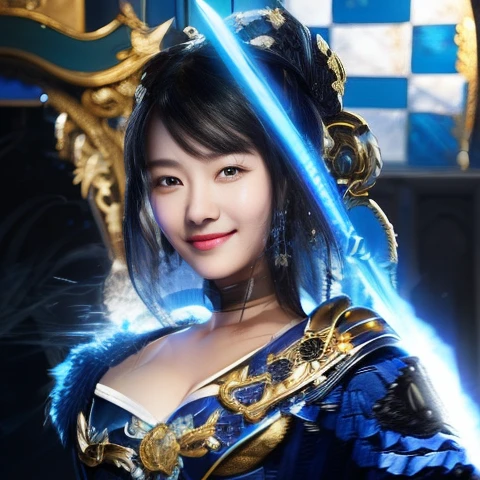 Smiling woman with black hair in blue dress holding sword