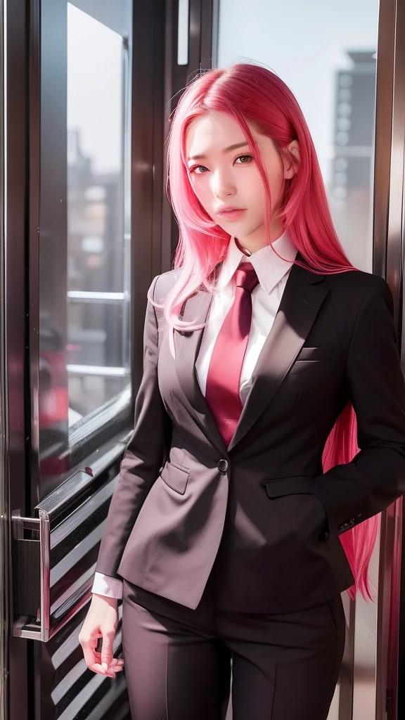 Sakura uchiha. A woman was in the elevator of a building. He looked in black pants and a black suit. With a white shirt and a red tie. His left hand looks like he put it in his pants. She has long, unlaced pink hair. He also had a white man like snow. With her rosy cheeks and her tiny pink lips. He seemed to be staring into the camera. Looking so pretty and realistic