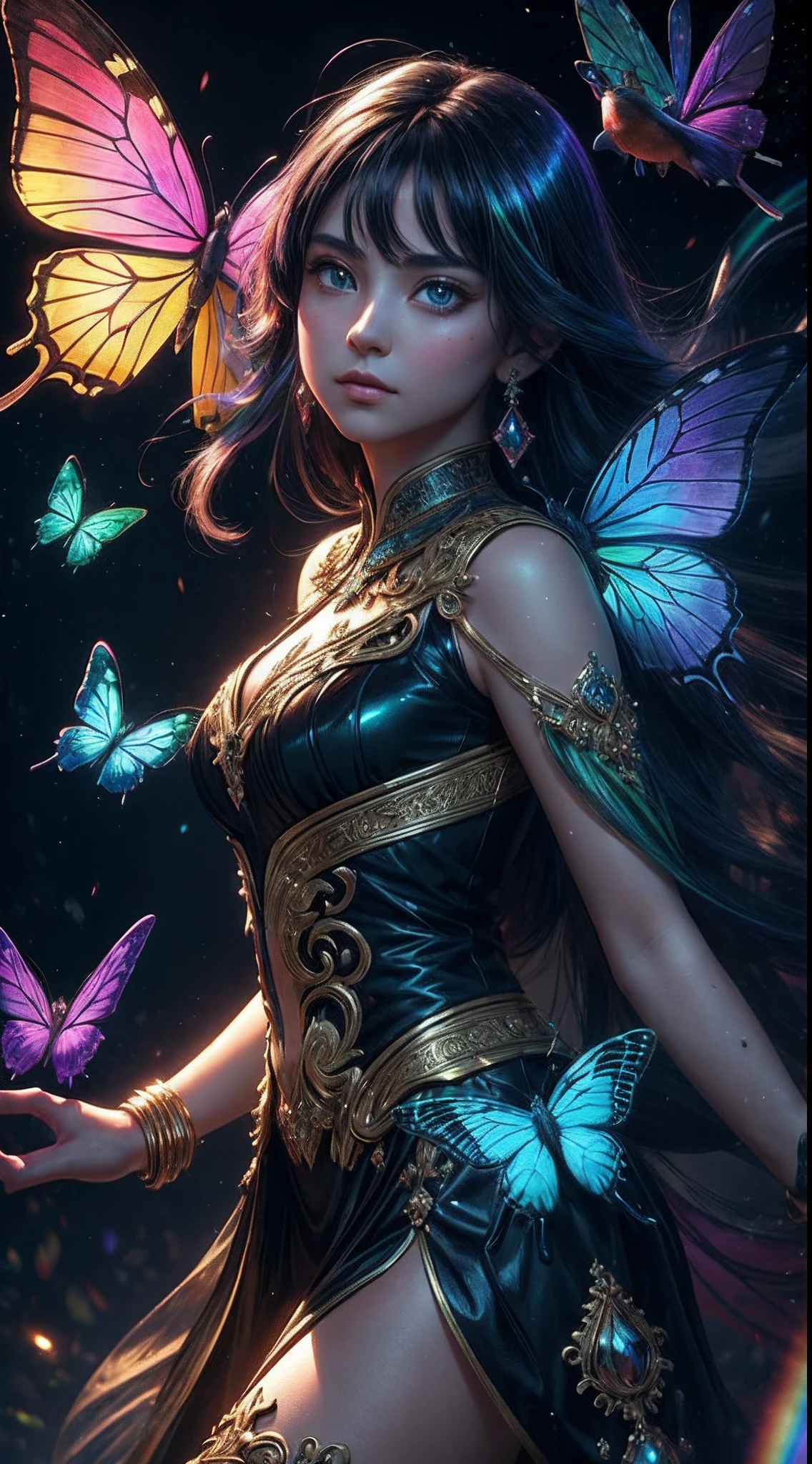 (((masterpiece))), (((ornate))), (((best quality))), ((ultra-detailed)), (highly detailed CG illustration), ((an extremely delicate and beautiful)), cinematic light. Create a stunning fantasy artwork that mimics the style of currently trending masters of the genre. The art piece should contain rich and ornate elements of both mythic fantasy and fairytale fantasy with colorful rainbow accents and dark jewel-toned hues. ((Utilize the rainbow as the main color scheme.)) The character in the artwork is a delicate but strong petite figure with an aura of mystery and magic. Pay close attention to intricate facial features, such as mesmerizing eyes with vibrant colors and bold shading. The character's clothing should be designed with gossamer feathers, silk, stunning embroidery, and subtle iridescent details. Incorporate (((translucent iridescent rainbows))), dreamy colors, dynamic lighting, and detailed background elements to create a sense of awe and immersion. ((Include colorful flying magical birds and jewel-toned rainbow butterflies radiating a magical aura.)) Consider the latest trends in fantasy art, such as incorporating unique lighting effects, exploring dynamic and compelling composition techniques, and experimenting with unique color palettes. Take inspiration from the top artists on ArtStation and Midjourney. Camera: Choose an angle that highlights the character's beauty and enhances the magical majesty of the artwork. Lighting: Utilize atmospheric lighting techniques to create depth and mood. Resolution: Aim for a high-resolution artwork to showcase intricate details and clarity. Art Inspirations: Seek inspiration from the trending artists on ArtStation, exploring different styles, genres, and themes.
