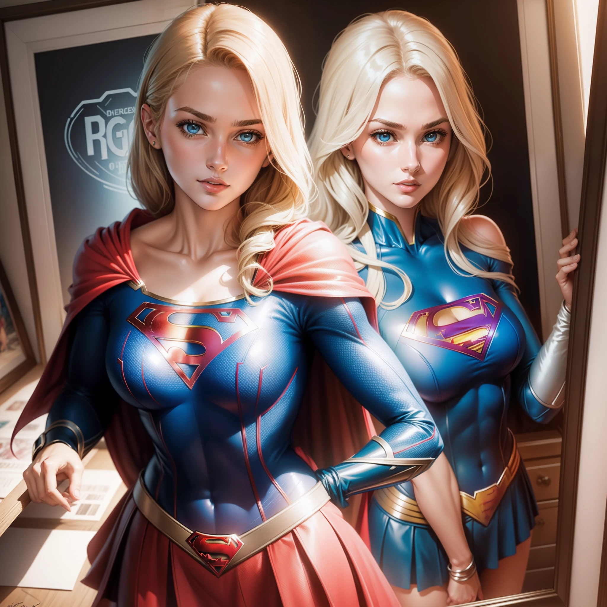 colored pencil drawing, concept art, framed image in the center of the page (DC comics Supergirl character), full body image, loose lines, (color drawing).