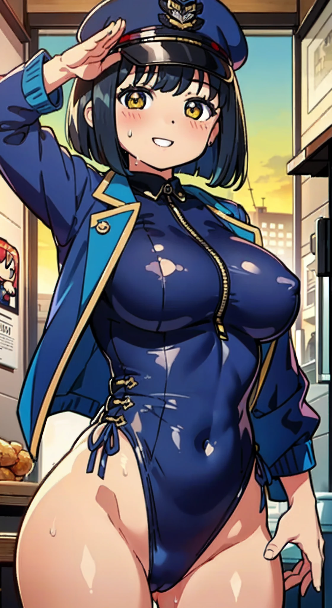 (Perfect body),Best Quality,masuter piece、(8K Portrait),(Official art)、((Police Woman)),((Police Hat))、blush,(Sweat),((((large udder))))、(Adult Woman)、(Dark hair),((bob cuts))、Yellow eyes,(thick thighs)、(Cowboy Shot)、(((((Navy blue leotard)))))、Navy blue jacket、(((Salute with your right hand)))、(((((A smile)))))、((((Front view))))、((Looking at Viewer))、(((((Chibi)))))、