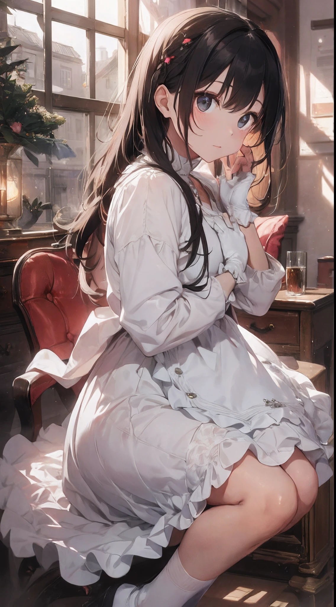 ​masterpiece、An ultra-high picture quality、hiquality、Big magic stick、long-sleeve、Long length dresses、Ankle-length skirt length、Socks with ankle-length ruffles、White dress with high neck with excess frills、Cute shape dress、absurderes、Smooth hair、Close up portrait of teenage princess with white gloves、The King's Audience Room、Luxurious chairs、Red Jutan、Lavishly decorated walls、Gorgeous light、back lighting、Blur the background