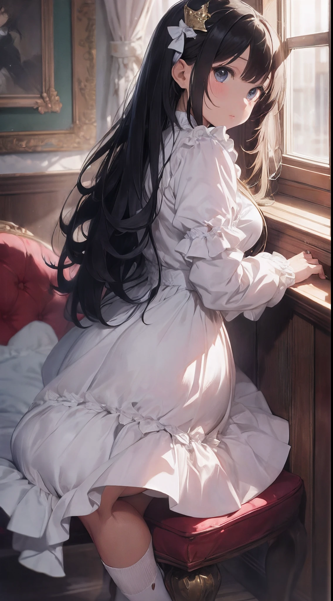 Big magic stick、long-sleeve、Long length dresses、Ankle-length skirt length、Socks with ankle-length ruffles、White dress with high neck with excess frills、Cute shape dress、absurderes、Smooth hair、Close up portrait of age princess with white gloves、The King's Audience Room、Luxurious chairs、Red Jutan、Lavishly decorated walls、Gorgeous light、back lighting、Blur the background
