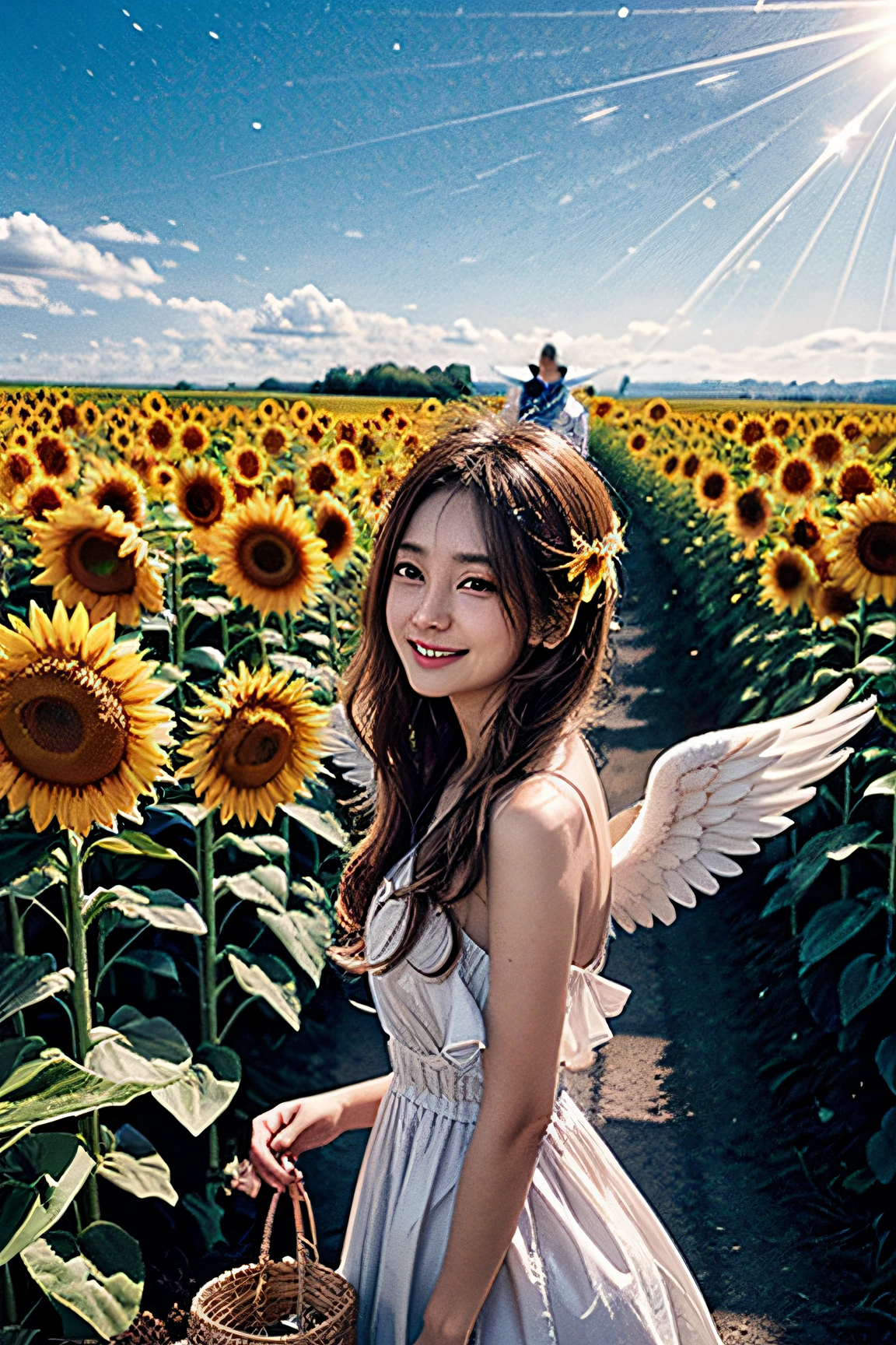Angel in Love、luminous sky、夏天、sunflowers fields、facing front、a smile、Angel wings