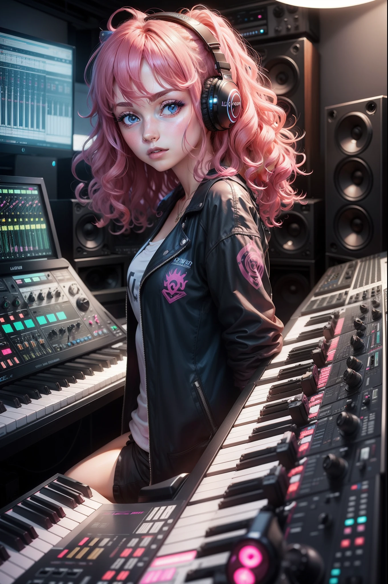 Stereo love, pink Curly hair, blue eyes, music studio, beautiful shining eyes,big breast