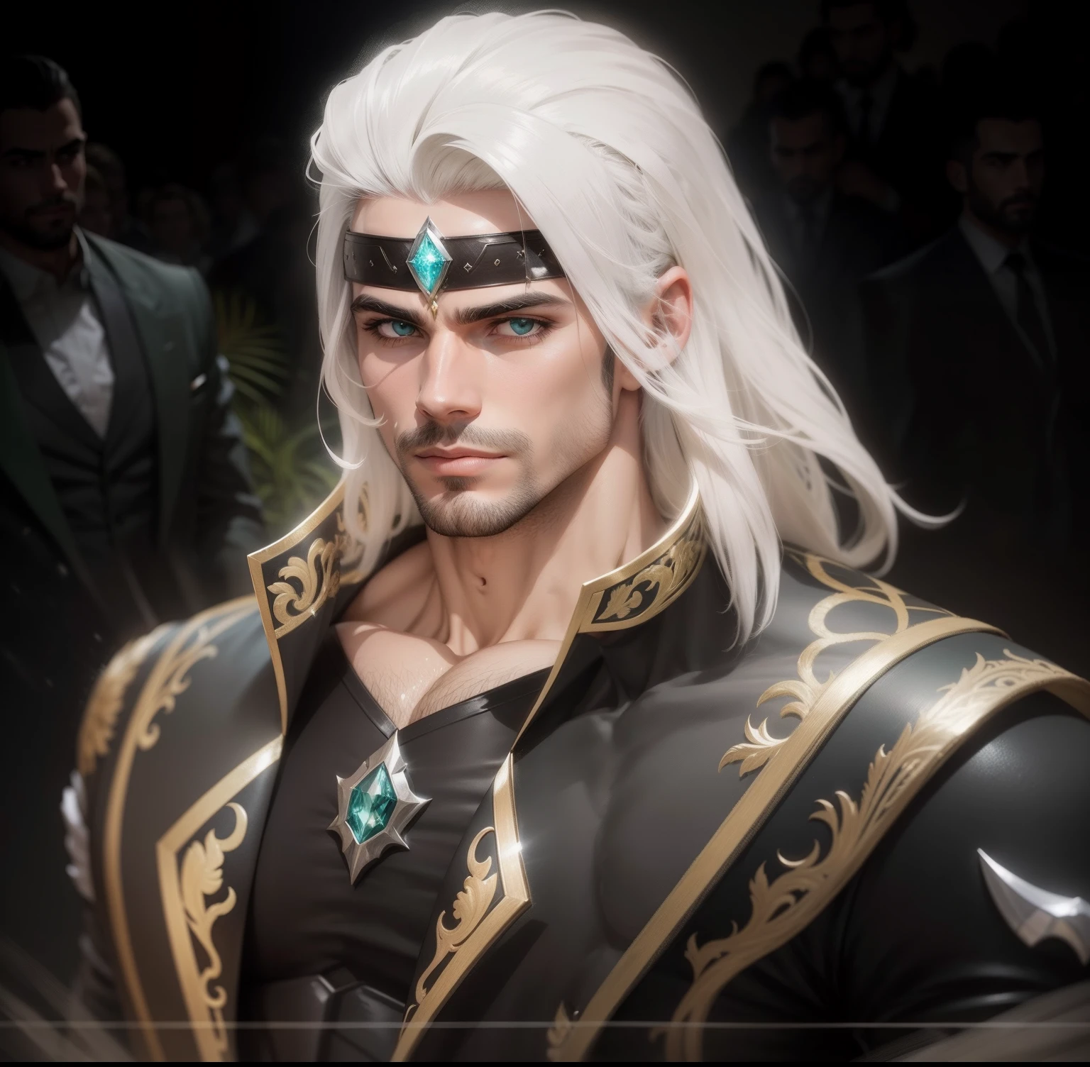 Homem cabelo masculino realista branco, pedra brilhante verde ja testa, personagem roupa preta, fundo transparente