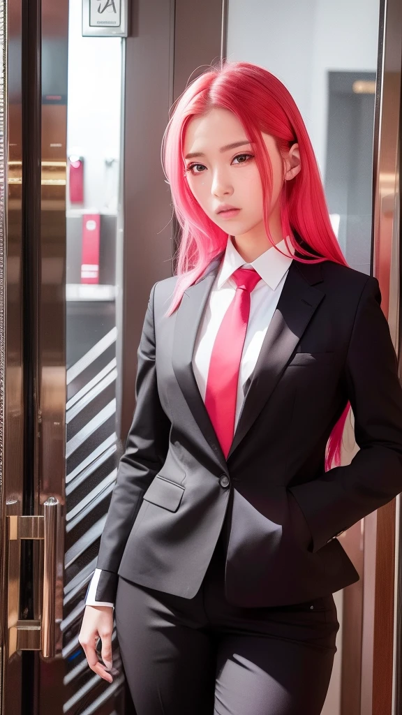 Sakura uchiha. A woman was in the elevator of a building. He looked in black pants and a black suit. With a white shirt and a red tie. His left hand looks like he put it in his pants. She has long, unlaced pink hair. He also had a white man like snow. With her rosy cheeks and her tiny pink lips. He seemed to be staring into the camera. Looking so pretty and realistic