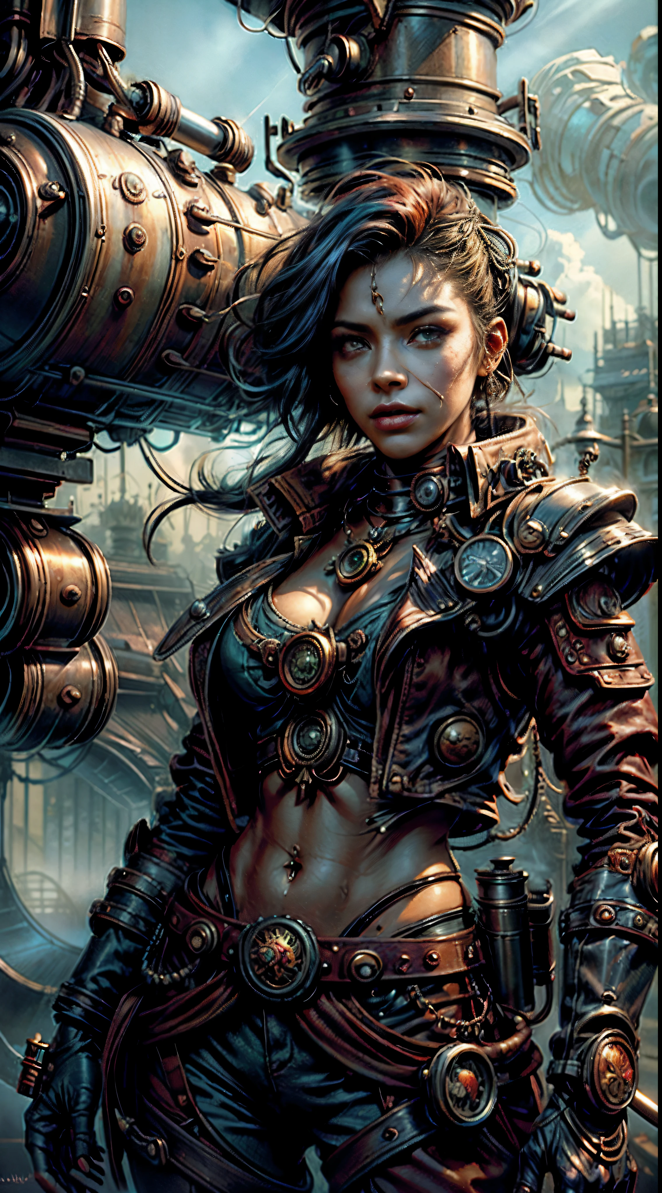 There's a sexzy Indian 1woman with a dark steam-powered skin, rainbow colored hair,com peitos grandes,visual real,capacete, arte conceitual steampunk, Vista sexzy de corpo inteiro de cima para baixo, sentado na cadeira queen punk vapor,Dark smoke mist background,arte steampunk digital, arte steampunk de alta qualidade, Wojtek FUS, arte digital steampunk, Detailed wild steampunk illustration, Portrait of a mechanical woman of gold and copper, arte steampunk, Estilo de arte Dieselpunk, cyberpunk Steampunk, estilo de fantasia steampunk, Arte digital altamente detalhada em 4k, sci-fi steampunk((Foto 8k)), HDR ,super realista,.RAW, DETALHES HIPER-REALISTA, (Film style)cores vivas