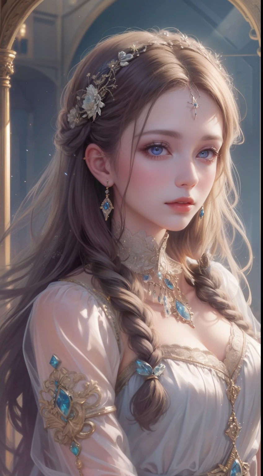 tmasterpiece,Highest high resolution,Bust of a beautiful noble maiden,Delicate braided hair,Coiled hair,Shining clear eyes,The hair is covered with beautiful and delicate floral craftsmanship, crystal、Diamond jewelry filigree,Ultra-detailed details,upscaled,softlighting。