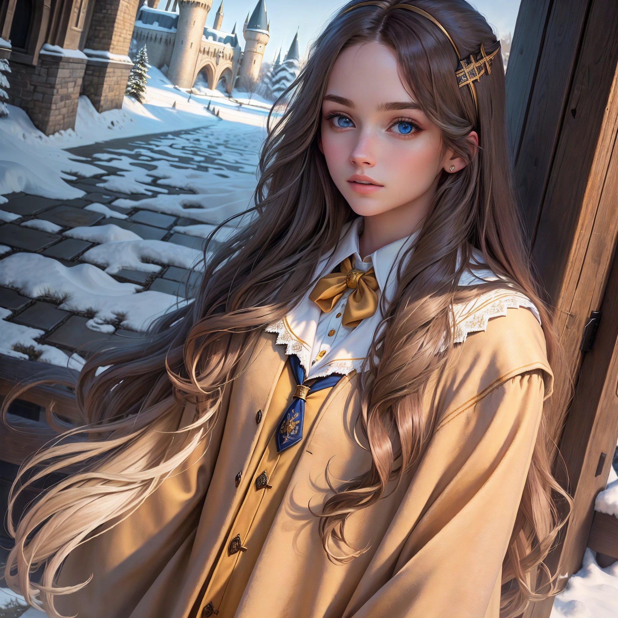 Best quality, masterpiece, Hogwarts student, hufflepuff, long light brown hair, outdoors, castle, winter, blue eyes