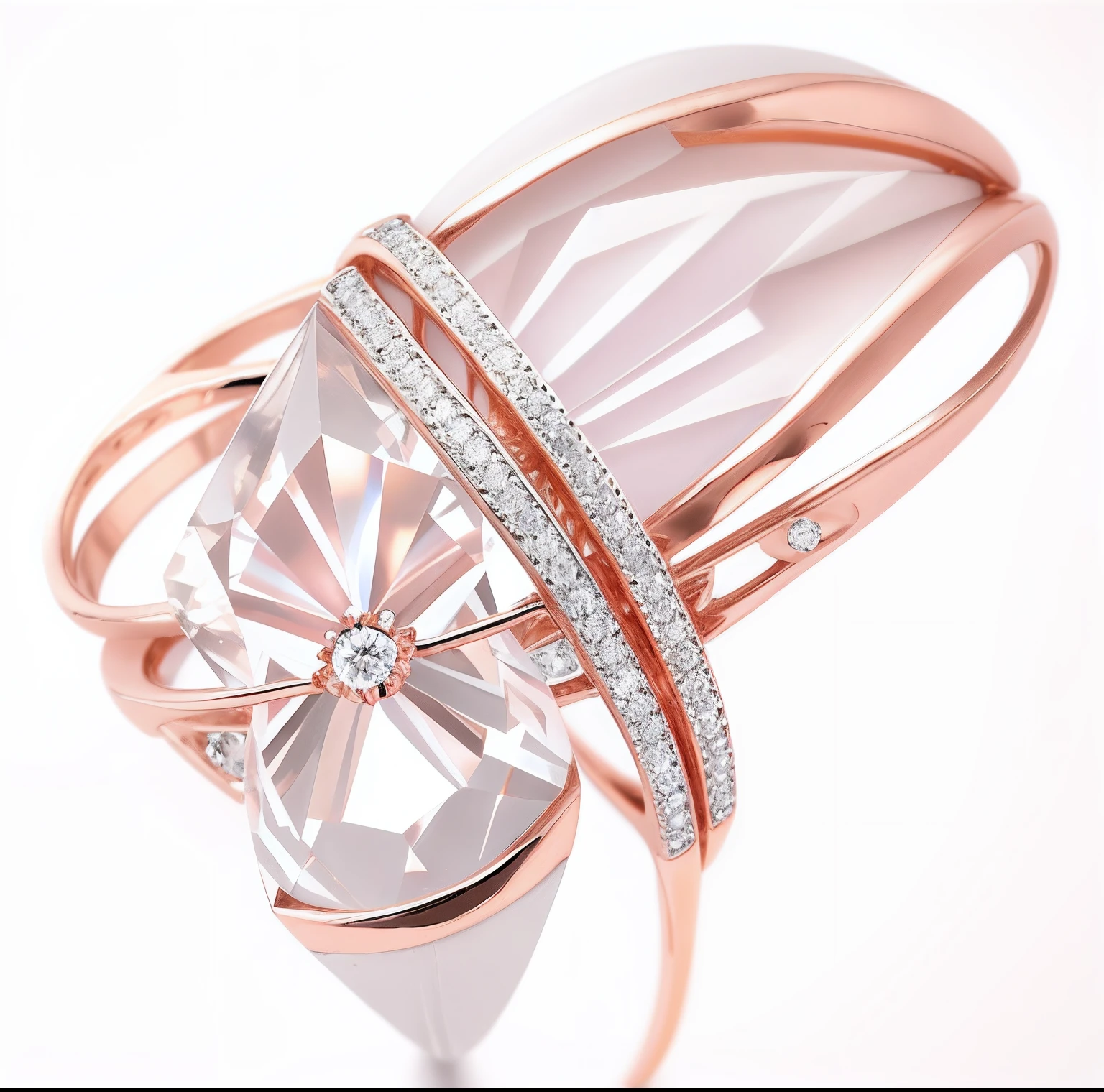 Rose and white gold rings，Set with diamonds, magic ring with a diamond, platinum jewellery, very beautiful and elegant, jewelry photography, ring, “diamonds, elegant asymmetrical, rose gold, engagement ring ads, The ring is horizontal, magic crystal ring, with sparkling gems on top, Elegant and graceful, golden and silver jewerly, unedited, Elegance