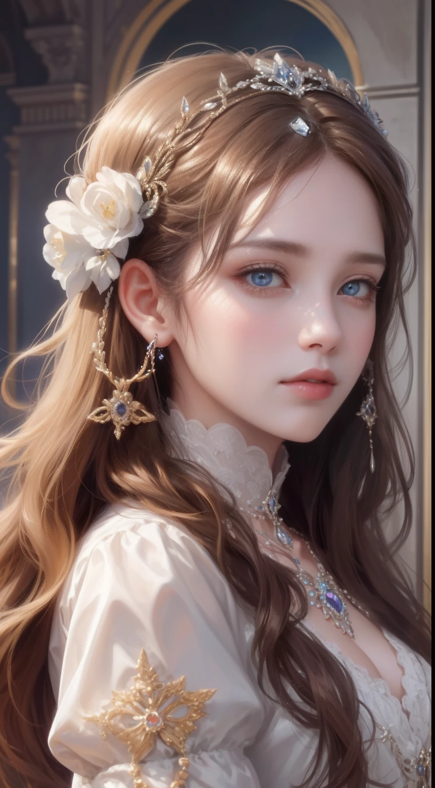 tmasterpiece,Highest high resolution,Bust of a beautiful noble maiden,Delicate braided hair,Coiled hair,Shining clear eyes,The hair is covered with beautiful and delicate floral craftsmanship, crystal、Diamond jewelry filigree,Ultra-detailed details,upscaled,softlighting。