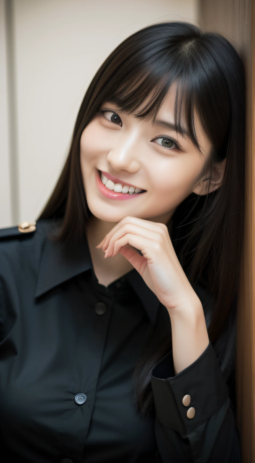 police uniform、sexy  pose、A smile、One lady、(Long black hair1.3)、With bangs、Nice style、A sexy、(Colossal tits:1.2)、(​masterpiece、top-quality)、((20 year old woman:1.2))、Young adorable Japan face, dewy skin, Soft portrait shots,8K,、very extremely beautiful、Looking at the camera、,full body Esbian、Hands are off-screen、