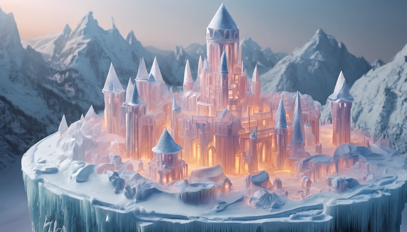 Isometric view of a castle made with ice, and around it, a labyrint of ice. Ice Castle in art nouveau style, many round towers and thick walls made with ice bricks. Slighty illuminated windows od asymmetrical distribution, highly detailed.