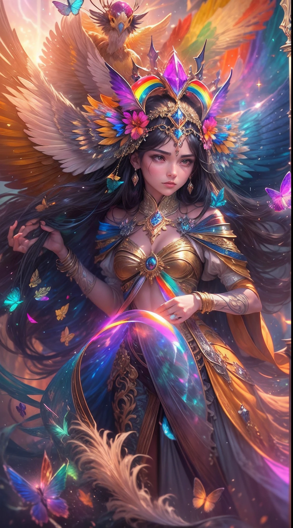 (((masterpiece))), (((ornate))), (((best quality))), ((ultra-detailed)), (highly detailed CG illustration), ((an extremely delicate and beautiful)), cinematic light. Create a stunning fantasy artwork that mimics the style of currently trending masters of the genre. The art piece should contain rich and ornate elements of both mythic fantasy and fairytale fantasy with colorful rainbow accents and dark jewel-toned hues. ((Utilize the rainbow as the main color scheme.)) The character in the artwork is a delicate but strong petite figure with an aura of mystery and magic. Pay close attention to intricate facial features, such as mesmerizing eyes with vibrant colors and bold shading. The character's clothing should be designed with gossamer feathers, silk, stunning embroidery, and subtle iridescent details. Incorporate (((translucent iridescent rainbows))), dreamy colors, dynamic lighting, and detailed background elements to create a sense of awe and immersion. ((Include colorful flying magical birds and jewel-toned rainbow butterflies radiating a magical aura.)) Consider the latest trends in fantasy art, such as incorporating unique lighting effects, exploring dynamic and compelling composition techniques, and experimenting with unique color palettes. Take inspiration from the top artists on ArtStation and Midjourney. Camera: Choose an angle that highlights the character's beauty and enhances the magical majesty of the artwork. Lighting: Utilize atmospheric lighting techniques to create depth and mood. Resolution: Aim for a high-resolution artwork to showcase intricate details and clarity. Art Inspirations: Seek inspiration from the trending artists on ArtStation, exploring different styles, genres, and themes.