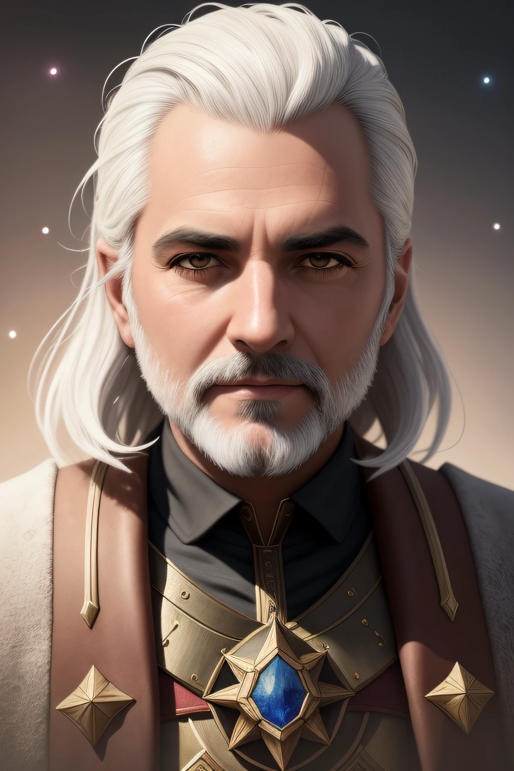 um close up de um homem com barba branca e uma estrela no peito, retrato detalhado do caractere, retrato da arte do personagem, irreal 5. retrato de rpg, retrato da arte do conceito do personagem, RPG retrato arte conceitual, retrato de arte conceito de fantasia, retrato do personagem da fantasia, retrato de personagem de closeup, arte do retrato do personagem, epic character portrait, Retrato de fin wildcloak, closeup retrato de personagem