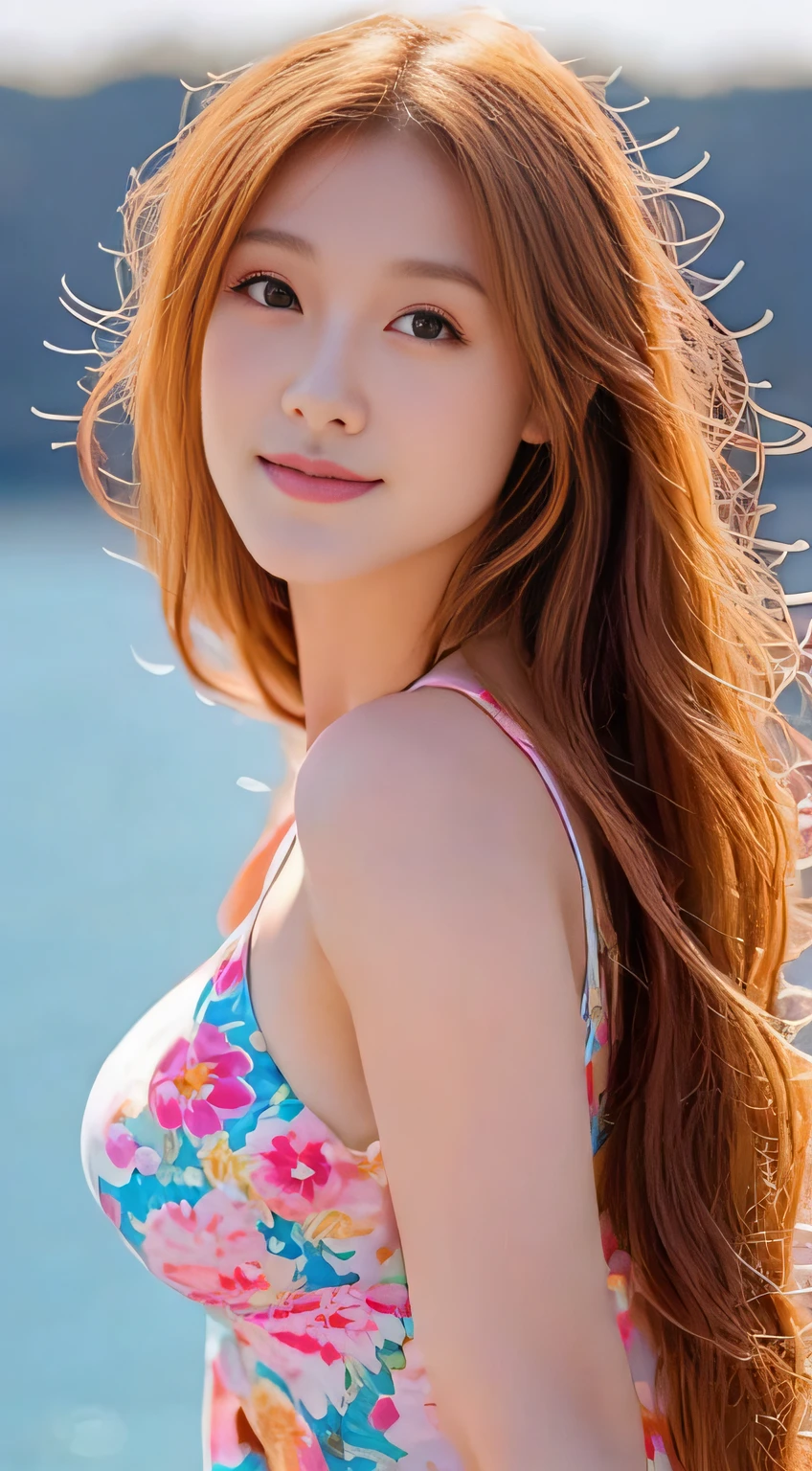 top-quality。８K-Picture。High pixel。The background is a vast ocean。Long bronze hair, Wavy Hair。Perfect beauty。Excellent style((Super burst breasts！：1.6))。Show off your lovely buddy in a colorful swimsuit。Sexy women for guys。((A look that beguiles a man))。Very delicate overall。This is perfect！