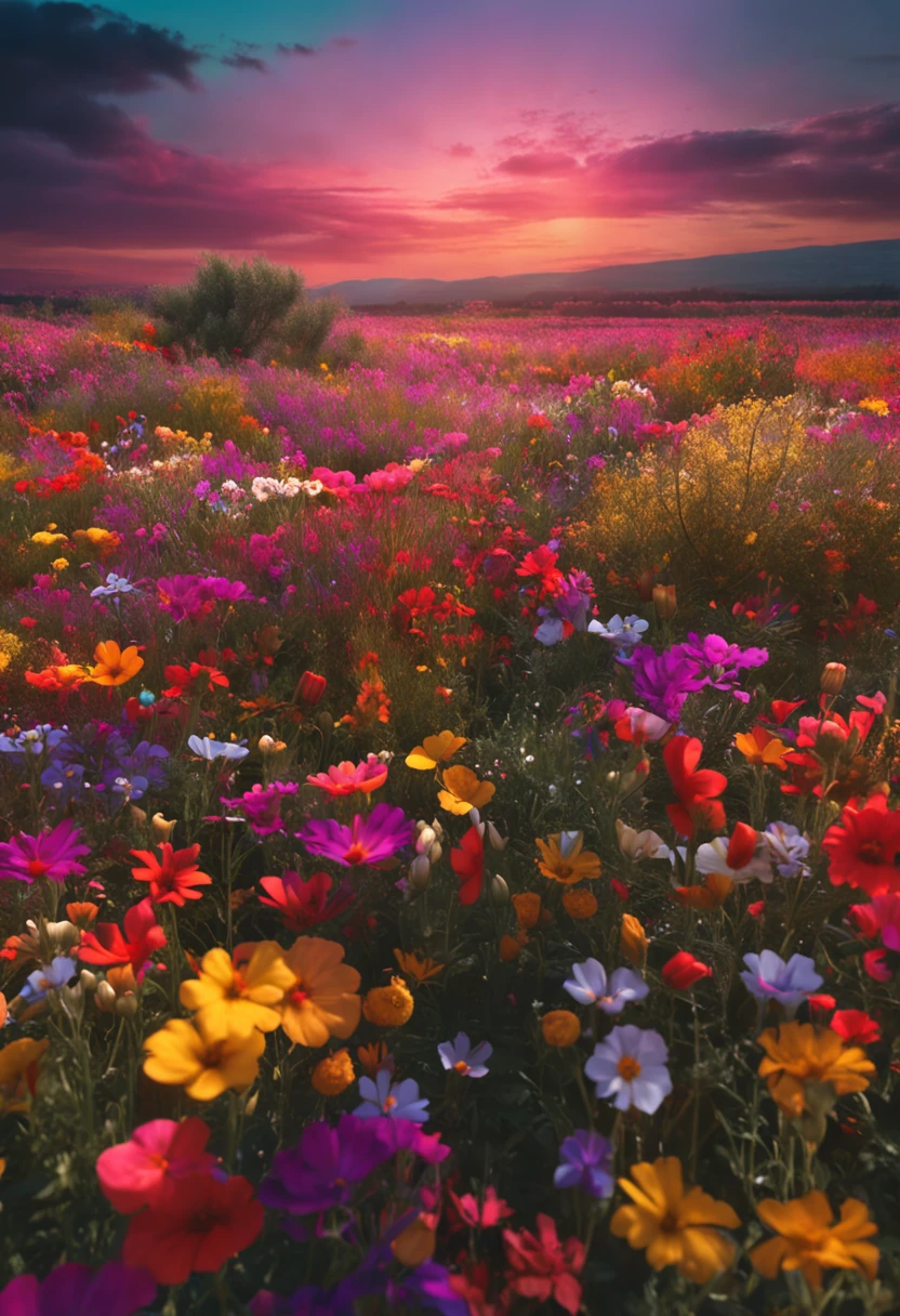 field full of flowers with a rainbow