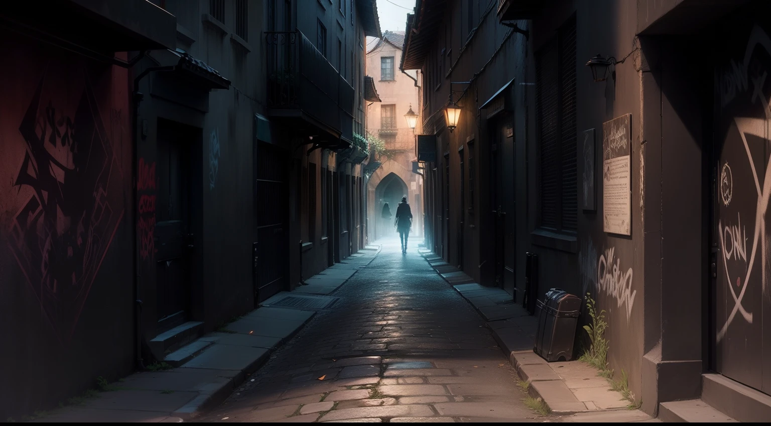 A dark alley with Machiavellian shadows emerging from the twilight. On one of the walls, graffiti reads: 'Monologues of a Shadow