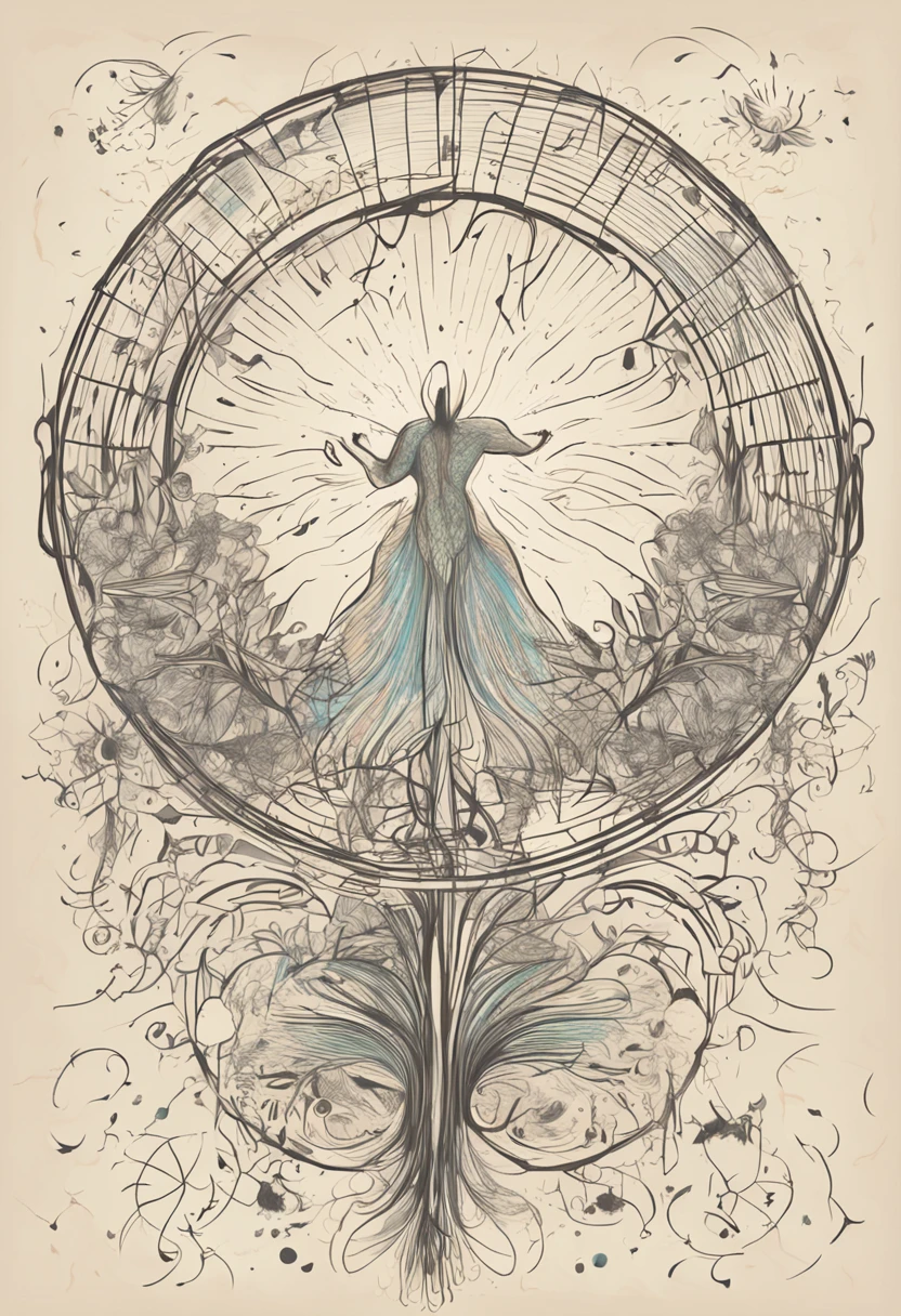 dibuja una mente de rostro hermoso y angelical contemplando la eternidad y la conciencia, the lighting. Psychedelic neon and luminous drawing symbolizing music as a source of light and knowledge. Within a circle the dandelion plant with its seeds flying in the air over sheet music, intrumentos musicales, Musical notes unfolding as if coming to life. Sobre la partitura, Musical notes are found in the form of small dandelion seeds floating in the air symbolizing inspiration and creativity.. below the center circle, You can see silhouettes of people of different ages and cultural backgrounds, all united by their love and passion for music, Music as a guide and teacher